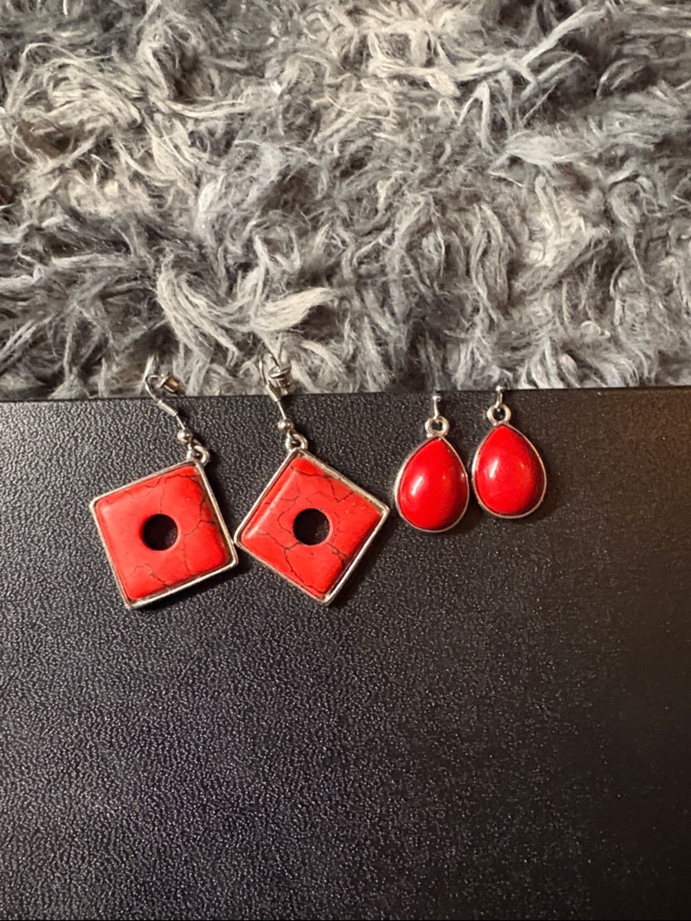 Red Stone Drop Earrings 2 pairs